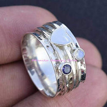 Load image into Gallery viewer, Amethyst and Moonstone Spinner Ring, 925 Sterling Silver Heart Designer Ring, Wide Band Ring, Hammered Meditation Ring (OPTIONS AVAILABLE FOR GEMSTONE & HEART)