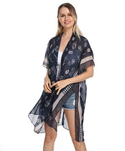 Load image into Gallery viewer, Women Kimono Swimsuit Cover Up Cardigan - Black Flower Chiffon Print Swimwear Beach Bathing Bikini Coverup Boho Batwing Loose Tops Outwear Kimono Dress Plus Size Loose Sleeve Shaw Black Big Flower