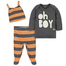 Load image into Gallery viewer, Grow by Gerber Baby Boys Organic 3-Piece Shirt, Footed Pant, and Cap Set, Grey/Orange, 3-6 Months