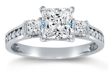 Load image into Gallery viewer, Size 4 - Solid 925 Sterling Silver CZ Cubic Zirconia 3 Three Stone Engagement Ring - Princess Cut Solitaire with Round Side Stones (1.75cttw, 1.5ct. Center) - with Elegant Ring Box