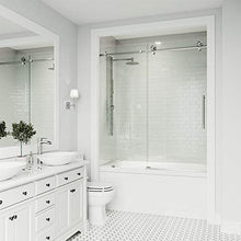 Load image into Gallery viewer, VIGO VG6044STCL6066 2.75"L -60"W -66"H Elan Cass Aerodynamic Frameless Sliding Tub Door with Clear Tempered Glass and Stainless Steel Hardware in Stainless Steel Finish with Reversible Handle