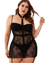 Load image into Gallery viewer, Floerns Women's Plus Size Sexy Lace V Neck Sheer Lingerie Dress with Sockings A Black 4XL