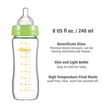 Load image into Gallery viewer, Matyz Glass Breastmilk Baby Feeding Bottle with Nipple, 4 Pack, 8 oz Slim and Light Bottle Easy to Hold, Food Grade Borosilicate Glass, Wide Neck Easy to Clean, BPA Free (Green Lids)