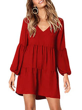 Load image into Gallery viewer, Amoretu Womens Long Sleeve Dresses Ruffle Tired V Neck Tunic Dress (Red,S)