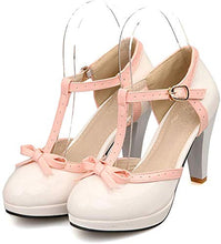 Load image into Gallery viewer, ForeMode Fashion Women T-Strap High Heels Bow Platform Round Toe Pumps Leather Summer Sweet Shoes (White, Numeric_7)