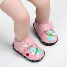 Load image into Gallery viewer, SOFMUO Baby Girls Boys Pu Leather Sneakers Anti-Slip Rubber Sole Cartoon Moccasins Handmade Newborn Slippers Hard Bottom Toddler First Walkers Infant Crib Shoes (Butterfly Pink,0-6 Months)