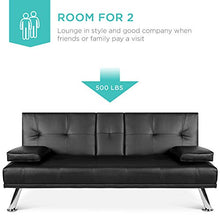 Load image into Gallery viewer, Best Choice Products Modern Faux Leather Convertible Futon Sofa w/Removable Armrests, Metal Legs, 2 Cupholders - Black