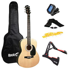 Load image into Gallery viewer, RockJam Acoustic Guitar Superkit Includes Stand, Gig Bag, Tuner, Picks, Plectrum Holder, Spare Strings & Online Lessons 6 String Pack, Right, Natural, Full (RJW-101-N-PK)