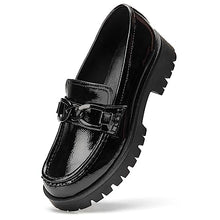 Load image into Gallery viewer, VERDASCO Platform Loafers for Women Leather Chunky Heel Lug Sole Shoes Womens Penny Loafers Comfort Slip On Round Toe Office Work Shoes Fashion Dress Shoes for Women(Black with Chain, 8)