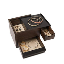 Load image into Gallery viewer, Umbra Mini Stowit Jewelry Box - Modern Keepsake Storage Organizer with Hidden Compartment Drawers for Ring, Bracelet, Watch, Necklace, Earrings, and Accessories (Black / Walnut)
