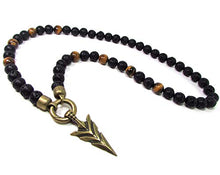 Load image into Gallery viewer, Tiger Eye and Black Lava Stone Necklace,Bronze Arrow-Head,Gift for Men,Men Gemstone Necklace + Gift Box,Mens Beaded Necklace