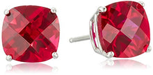 Load image into Gallery viewer, Sterling Silver Cushion-Cut Checkerboard Created Ruby Stud Earrings (8mm)