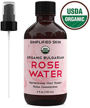 Load image into Gallery viewer, Rose Water for Face & Hair, USDA Certified Organic Facial Toner. Alcohol-Free Makeup Setting Hydrating Spray Mist. 100% Natural Anti-Aging Petal Rosewater by Simplified Skin (4 oz)