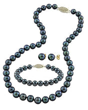 Load image into Gallery viewer, THE PEARL SOURCE 14K Gold 6-6.5mm Round Black Akoya Cultured Pearl Necklace, Bracelet & Earrings Set in 18" Princess Length for Women