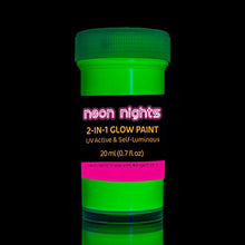 Load image into Gallery viewer, 2-IN-1 Glow In The Dark Acrylic Paint Set by neon nights – Glows in the Dark & under UV Blacklight - Set of 8 Self-Luminous Neon Paints for Halloween - German Premium Quality - Phosphorescent