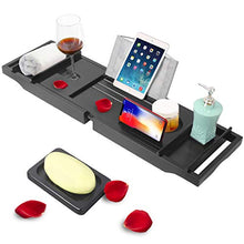 Load image into Gallery viewer, Bamboo Bathtub Caddy Tray Expandable for Luxury Bath,Bath Accessories & Table with Wine Glass Holder,Book Stand Bathroom Organizer with Extending Sides for Men/Women,Free Soap Holder (Black)