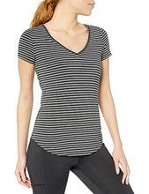 Load image into Gallery viewer, Amazon Brand - Core 10 Women's Pima Cotton Blend Short Sleeve V-Neck T-Shirt, Dark heather grey/white stripe, X-Large