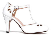 Load image into Gallery viewer, J. Adams Pepper Mary Janes - Cutout Kitten Heel Retro T Strap Pumps - White Vegan Leather - 9
