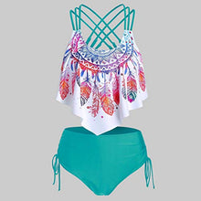 Load image into Gallery viewer, Youmymine Women Strappy Padded Swim Top Overlay Flounce Crisscross Tankini Feather Print Swimsuits (XXL, Green-A)