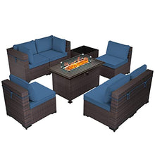 Load image into Gallery viewer, Gotland 8 Piece Outdoor Patio Furniture Set with Gas Fire Pit Table Patio Furniture Sectional Sofa w/43in Propane Fire Pit, 50,000 BTU Auto-Ignition Firepit w/Glass Wind Guard (Dark Blue)