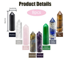 Load image into Gallery viewer, 8 Pcs Healing Crystal Wand Set, 2.2" Hexagonal Faceted Crystal Tower Gemstones Wands Kit, Natural Rose Quartz, Amethyst, Obsidian, Tiger Eye, Lapis Lazuli for Reiki Chakra Heal, Meditation, Yoga