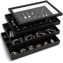 Load image into Gallery viewer, Black Jewelry Storage Trays Organizer Set with Clear Lid (13.5 x 9.5 Inches)