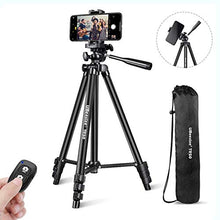 Load image into Gallery viewer, UBeesize Phone Tripod, 51" Adjustable Travel Video Tripod Stand with Cell Phone Mount Holder & Smartphone Bluetooth Remote, Compatible with iPhone/Android (Black)