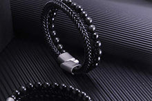 Load image into Gallery viewer, HASKARE Mens Bead Leather Bracelet, Tiger Eye Black Obsidian Braided Genuine Leather Beads Bracelet with 316L Stainless Steel Magnetic Closure for Men
