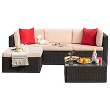 Load image into Gallery viewer, Tuoze 5 Pieces Patio Furniture Sectional Outdoor PE Rattan Wicker Lawn Conversation Cushioned Garden Sofa Set with Glass Coffee Table (Beige)
