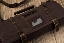 Load image into Gallery viewer, Waxed Canvas Chef Knife Roll - 15 Knife Slots, Card Holder and Zippered Pocket - Genuine Leather and Brass Buckles - Knives Not Included (Brown)