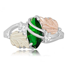 Load image into Gallery viewer, Created Soude Emerald Marquise May Birthstone Ring, Sterling Silver, 12k Green and Rose Gold Black Hills Gold Motif, Size 5.75
