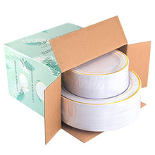 Load image into Gallery viewer, 120 Pieces Gold Plastic Plates, White Disposable Plates with Gold Rim, includes: 60 Dinner Plates 10.25”, 60 Dessert Plates 7.5”