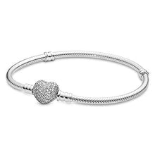 Load image into Gallery viewer, PANDORA Jewelry Moments Sparkling Heart Clasp Snake Chain Charm Cubic Zirconia Bracelet in Sterling Silver, 7.5"