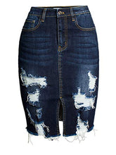 Load image into Gallery viewer, chouyatou Women's Bodycon Front Split Frayed Dark Washed Midi Denim Pencil Skirt (Medium, Dark Blue)