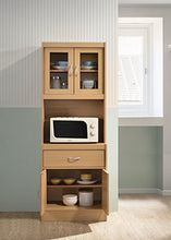 Load image into Gallery viewer, Hodedah Long Standing Kitchen Cabinet with Top & Bottom Enclosed Cabinet Space, One Drawer, Large Open Space for Microwave, Beech