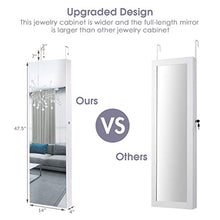 Load image into Gallery viewer, Giantex Wall Door Jewelry Armoire Cabinet with Full-Length Mirror, 2 LEDs Lockable Large Storage Jewelry Organizer with Wide Mirror, Makeup Pouch, Bracelet Rod, Jewelry Amoires w/ 2 Drawers (White)