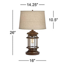 Load image into Gallery viewer, Andreas Industrial Table Lamp with Nightlight and USB Port Brown Metal Oatmeal Fabric Tapered Drum Shade Antique LED Edison Bulb for Living Room Bedroom Bedside Nightstand Office - Franklin Iron Works