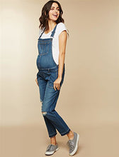 Load image into Gallery viewer, Motherhood Maternity Women's Maternity Indigo Blue Side Panel Skinny Ankle Length Denim Overalls, Medium wash, Large