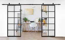 Load image into Gallery viewer, JUBEST Double Barn Door 72 x 84 in with 13FT Hardware Kit, 2 Sets of 36x84 in Clear Tempered Glass Aluminum Frame Barn Door,Pocket Interior Door, Easy Assembly,Black Top-Mounted Hardware
