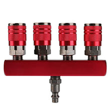 Load image into Gallery viewer, Hromee 4-Way Straight Air Manifold 5 Ports Aluminum Industrial Pneumatic Air Compressor Quick Connect Socket In Line Type Air Hose Splitter with 4 Couplers and 1/4" Male NPT Plug