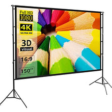 Load image into Gallery viewer, Projector Screen and Stand,Towond 150 inch Indoor Outdoor Projection Screen, Portable 16:9 4K HD Rear Front Movie Screen Pull Down with Carry Bag Wrinkle-Free Design for Home Theater Backyard Cinema