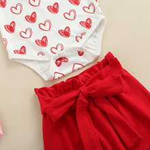 Load image into Gallery viewer, Newborn Baby Girl Valentine's Day Outfits Long Sleeve Ruffle Love Heart Print Romper Bow Pants with Headband Holiday Sets 0-24M (Red, 6-12 Months)