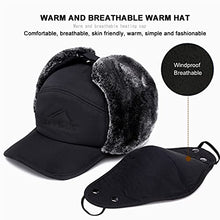Load image into Gallery viewer, 3 in 1 Thermal Fur Lined Trapper Hat with Ear Flap for Men, Full Face Neck Warmer All-Around Windproof Warm Insulated Winter Baseball Cap Cycling Snow Ski Snowboard Bomber Hat,Black