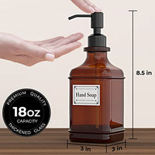 Load image into Gallery viewer, GLADPURE Soap Dispenser 2 Pack, Hand Soap Dispensers with 18 Oz Antique Design Thick Amber Glass Bottle, 316 Rust Proof Stainless Steel Black Pump, 6Pcs Stickers, for Lotion, Soap, Essential Oil