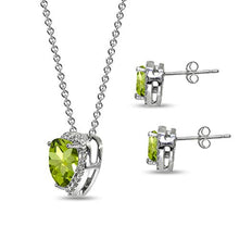 Load image into Gallery viewer, Sterling Silver Peridot and CZ Halo Heart Pendant Necklace & Stud Earrings Set