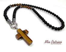 Load image into Gallery viewer, Mens Onyx Necklace,Mens Necklace,Tiger Eye Necklace,Cross Necklace,Mens Gemstone Necklace,316L Stainless Steel,Mens Beaded Necklace,Gift Box