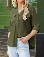 Load image into Gallery viewer, Hotouch Womens V Neck Button Down Blouse Long Sleeve Shirts Summer Gauzy Shirts Plain Tops Military Green S