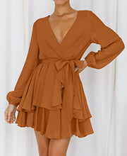 Load image into Gallery viewer, ZESICA Women's Casual V Neck Dress Long Sleeve Wrap Tie Waist Ruffle Hem Cocktail Wedding Party Swing Mini Dresses,Brown,X-Large