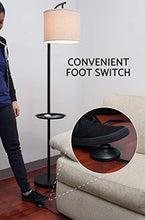 Load image into Gallery viewer, Kira Home York 63" Minimalist Tray LED Floor Lamp (7W LED, Energy Efficient/Eco-Friendly) + Honey Beige Shade - Modern Standing Arc Light with Hanging Lamp Shade, Black Finish