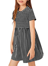 Load image into Gallery viewer, Vermisse Kids Girls Short Sleeve Dress Crewneck Stripe Buttons Casual Ruffle Summer Dresses